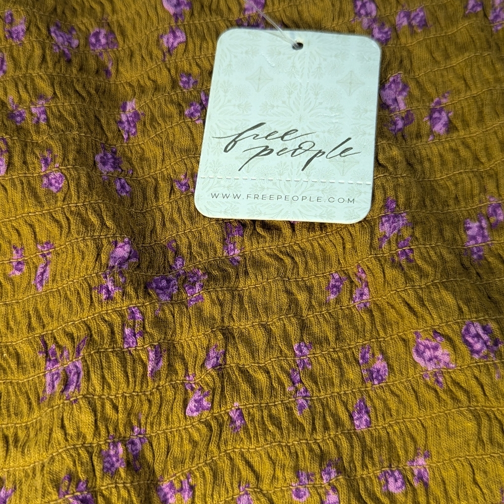 FREE PEOPLE Mustard Yellow Crop Top 3/4 wing Pink Floral Sleeves- Size XL *NWT - Picture 3 of 12